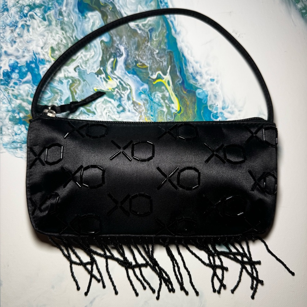 XOXO- NEW BLACK CLUTCH/BAG WITH BEADED FRINGE AND LETTERING